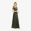 Adrianna Papell Floral Sequin Boho Gown With Lace Up Flutter Short Sleeves In Olive