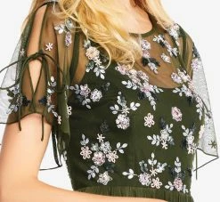 Adrianna Papell Floral Sequin Boho Gown With Lace Up Flutter Short Sleeves In Olive 7 Adrianna Papell Floral Sequin Boho Gown With Lace Up Flutter Short Sleeves In Olive -Adrianna Papell Shop AP1E202943 AA371 Regular Detail