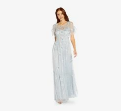 Adrianna Papell Floral Sequin Boho Gown With Lace Up Flutter Short Sleeves In Glacier -Adrianna Papell Shop AP1E202943 AF482 Regular Alternate