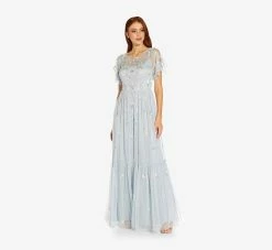 Adrianna Papell Floral Sequin Boho Gown With Lace Up Flutter Short Sleeves In Glacier