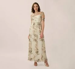Adrianna Papell Sheer Short Sleeve Lace Gown With Rose Embroidery In Mink Multi
