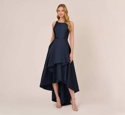 Adrianna Papell High Low Mikado Gown With Asymmetrical Detail In Midnight -Adrianna Papell Shop AP1E204122 AB411 Regular Default