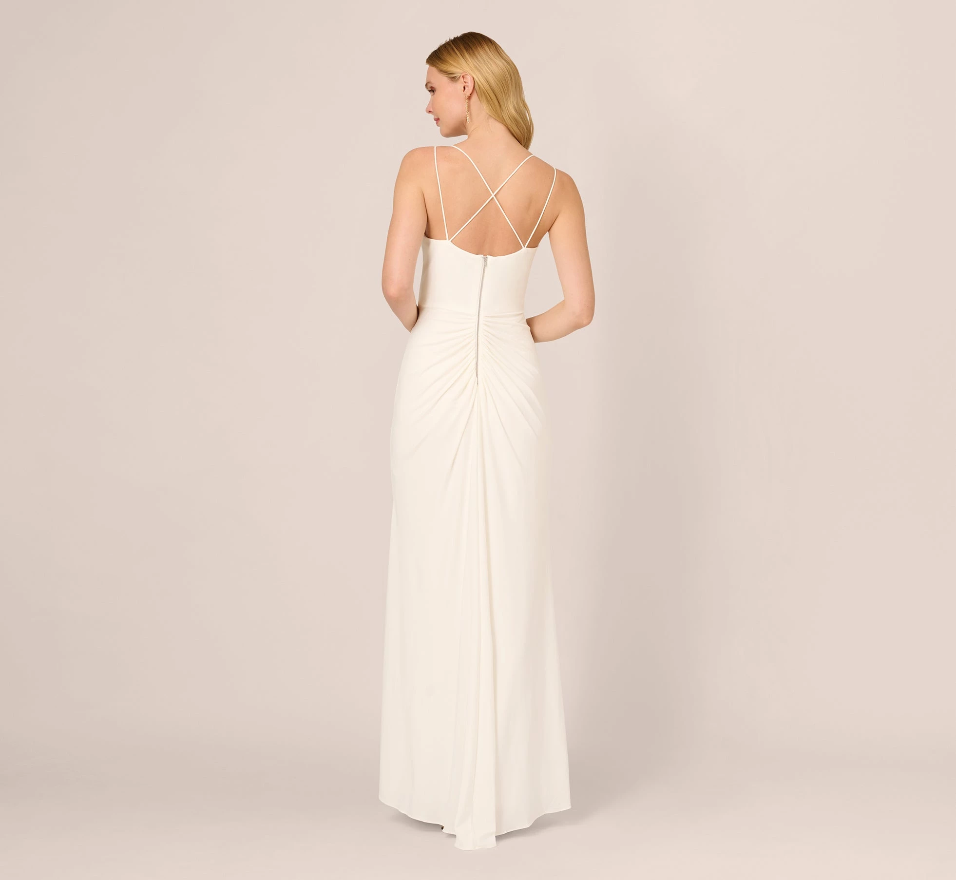 Adrianna Papell Draped Matte Jersey Gown With Deep Slit And Spaghetti Straps In Ivory 5 Adrianna Papell Draped Matte Jersey Gown With Deep Slit And Spaghetti Straps In Ivory - Image 5