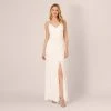 Adrianna Papell Draped Matte Jersey Gown With Deep Slit And Spaghetti Straps In Ivory