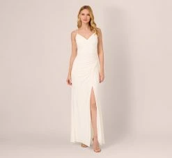 Adrianna Papell Draped Matte Jersey Gown With Deep Slit And Spaghetti Straps In Ivory