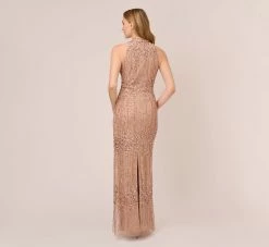 Adrianna Papell Beaded Column Gown With Mock Neckline In Rose Gold 9 Adrianna Papell Beaded Column Gown With Mock Neckline In Rose Gold -Adrianna Papell Shop AP1E204499 AA958 Regular Back