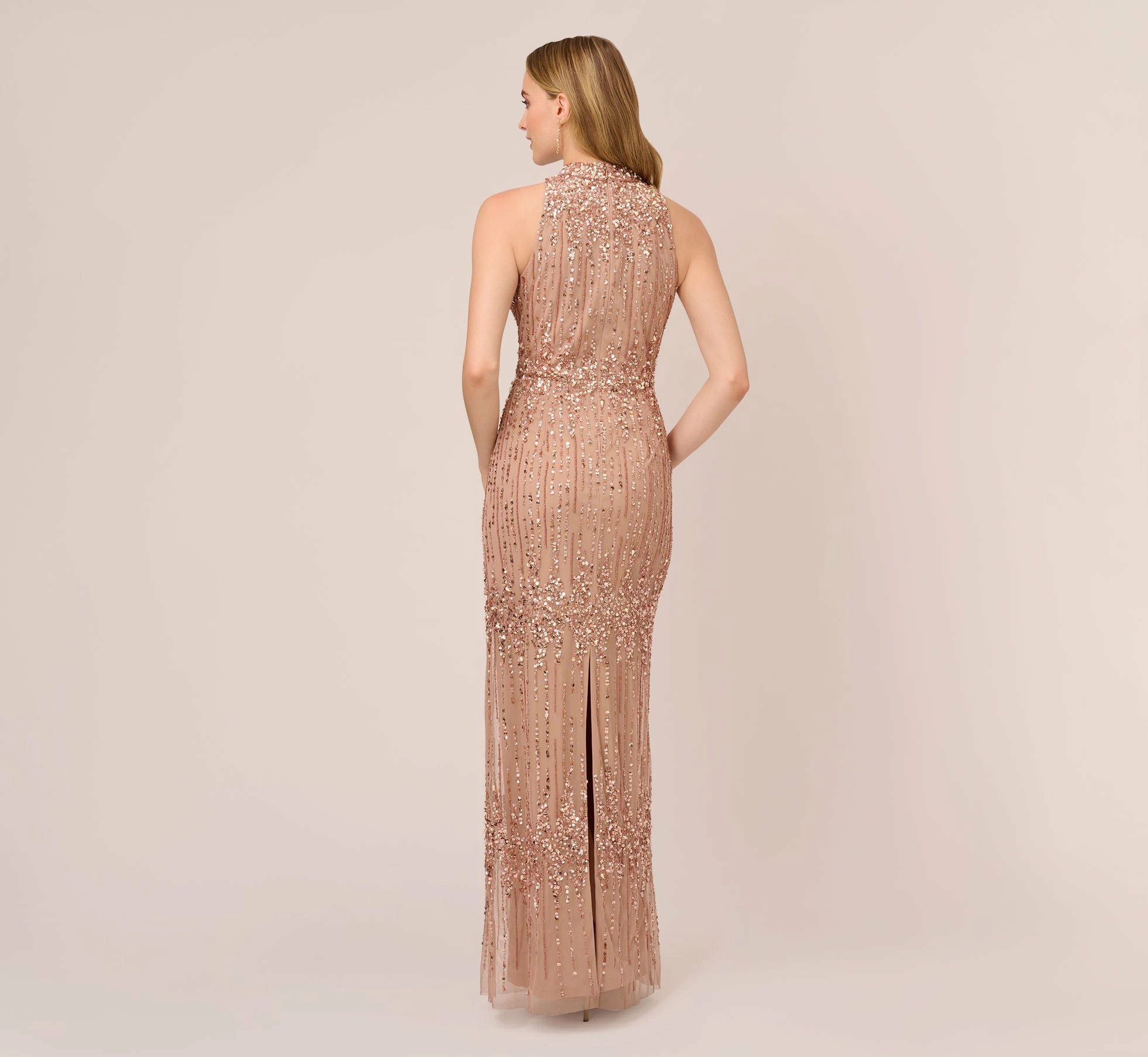 Adrianna Papell Beaded Column Gown With Mock Neckline In Rose Gold 4 Adrianna Papell Beaded Column Gown With Mock Neckline In Rose Gold - Image 4