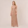 Adrianna Papell Beaded Column Gown With Mock Neckline In Rose Gold