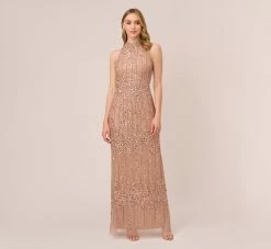 Adrianna Papell Beaded Column Gown With Mock Neckline In Rose Gold