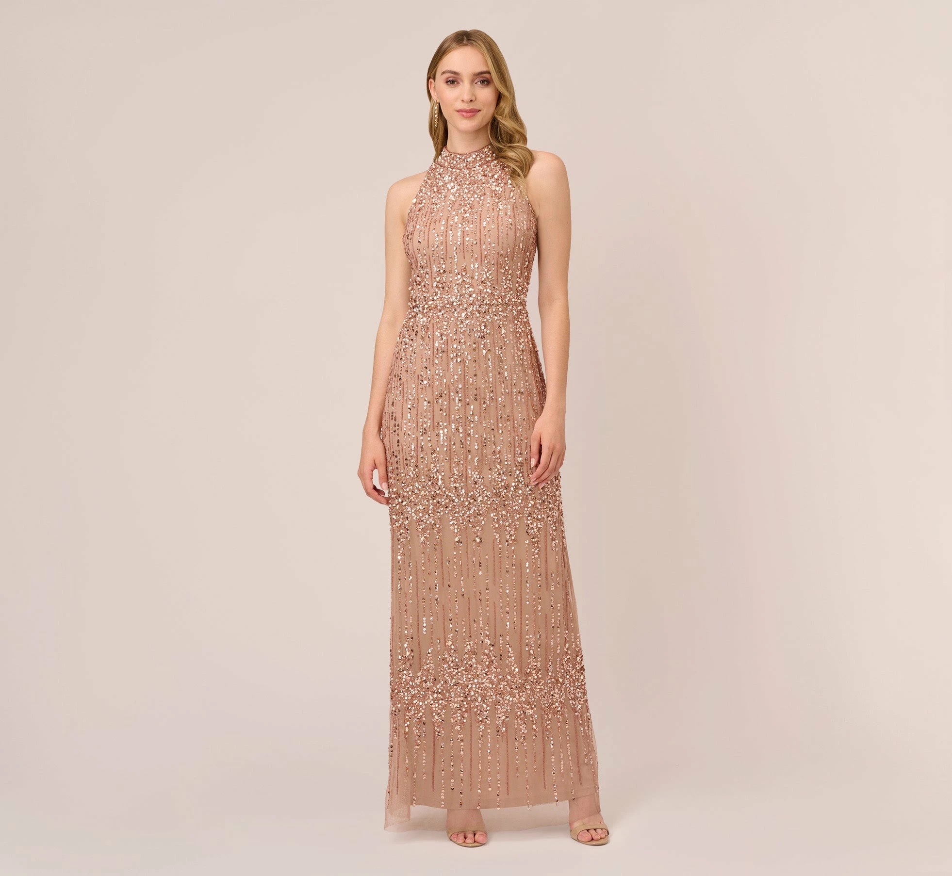 Adrianna Papell Beaded Column Gown With Mock Neckline In Rose Gold 1 Adrianna Papell Beaded Column Gown With Mock Neckline In Rose Gold