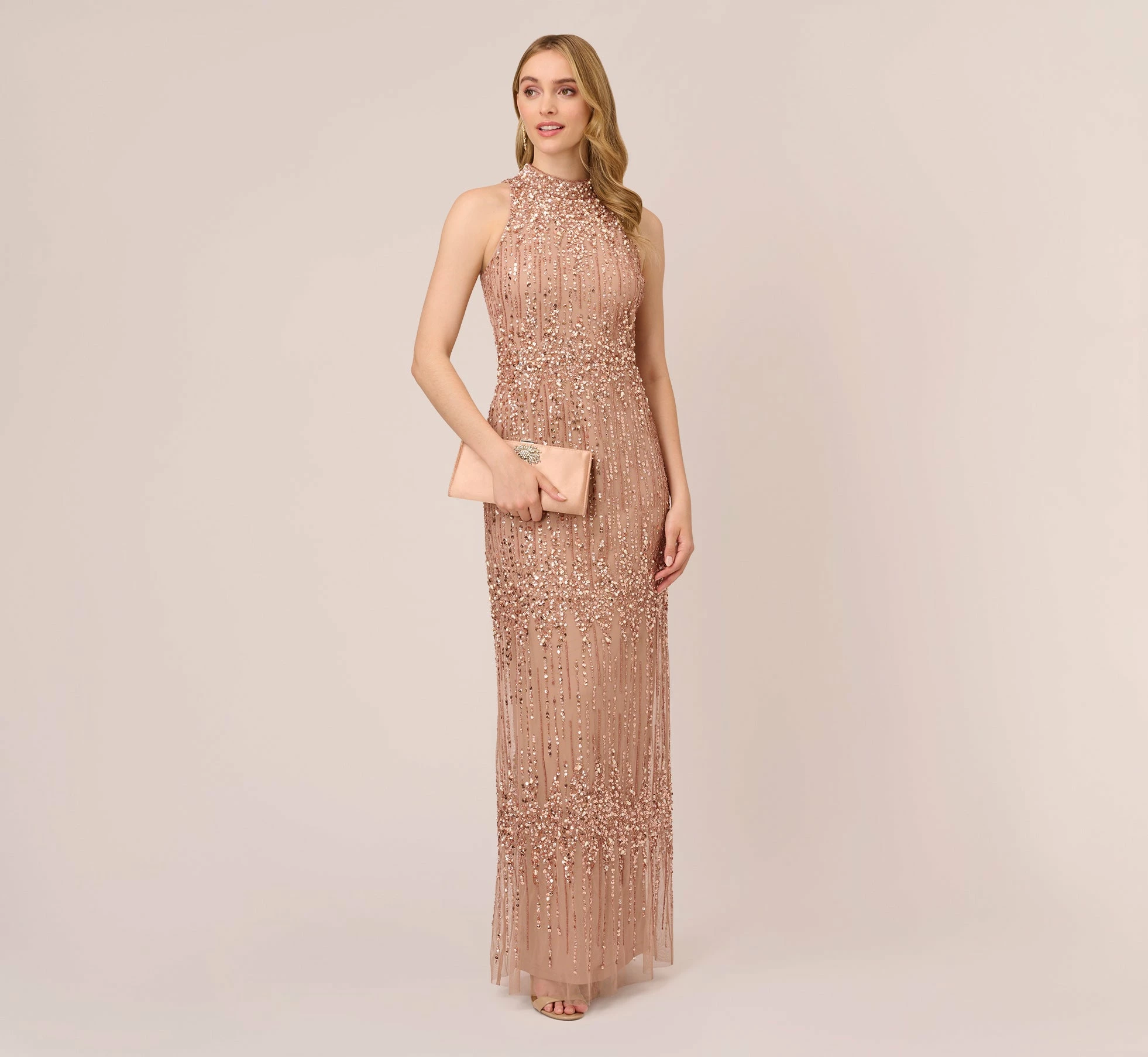 Adrianna Papell Beaded Column Gown With Mock Neckline In Rose Gold 2 Adrianna Papell Beaded Column Gown With Mock Neckline In Rose Gold - Image 2