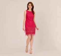 Adrianna Papell Sleeveless Beaded Cocktail Dress In Fiesta Pink -Adrianna Papell Shop AP1E205327 AD660 Regular Front