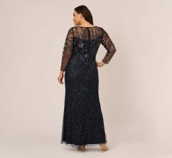 Adrianna Papell Plus Size Floral Beaded Dress With Sheer Long Sleeves In Midnight -Adrianna Papell Shop AP1E205390 AB411 Plus Back