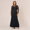 Adrianna Papell Plus Size Floral Beaded Dress With Sheer Long Sleeves In Midnight