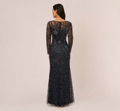 Adrianna Papell Floral Beaded Dress With Sheer Long Sleeves In Midnight -Adrianna Papell Shop AP1E205390 AB411 Regular Back