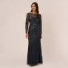 Adrianna Papell Floral Beaded Dress With Sheer Long Sleeves In Midnight