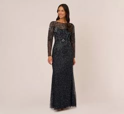Adrianna Papell Floral Beaded Dress With Sheer Long Sleeves In Midnight