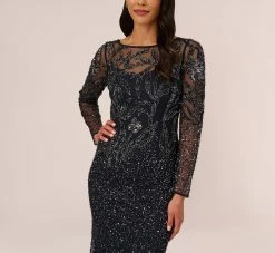 Adrianna Papell Floral Beaded Dress With Sheer Long Sleeves In Midnight -Adrianna Papell Shop AP1E205390 AB411 Regular Lifestyle