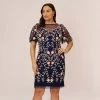 Adrianna Papell Plus Size Floral Beaded Dress With Sheer Flutter Sleeves In Navy Blush