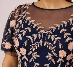 Adrianna Papell Plus Size Floral Beaded Dress With Sheer Flutter Sleeves In Navy Blush -Adrianna Papell Shop AP1E205858 AX412 Plus Detail