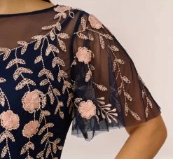 Adrianna Papell Plus Size Floral Beaded Dress With Sheer Flutter Sleeves In Navy Blush -Adrianna Papell Shop AP1E205858 AX412 Plus Lifestyle