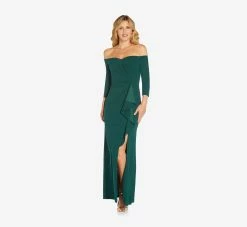 Adrianna Papell Off The Shoulder Dress With Cascading Ruffle Detail In Dusty Emerald 7 Adrianna Papell Off The Shoulder Dress With Cascading Ruffle Detail In Dusty Emerald -Adrianna Papell Shop AP1E207024 AA302 Regular Alternate