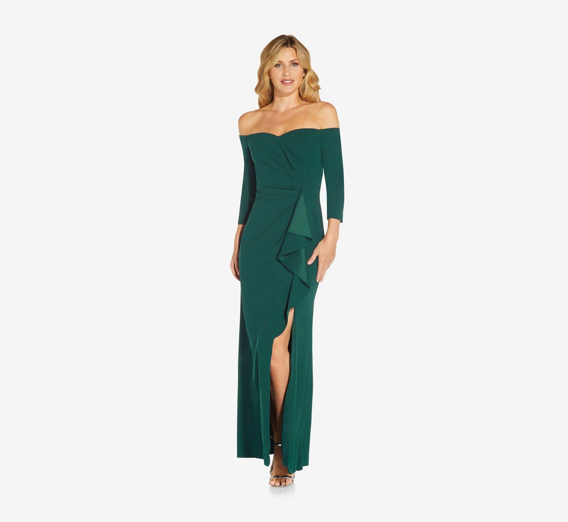 Adrianna Papell Off The Shoulder Dress With Cascading Ruffle Detail In Dusty Emerald 3 Adrianna Papell Off The Shoulder Dress With Cascading Ruffle Detail In Dusty Emerald - Image 3