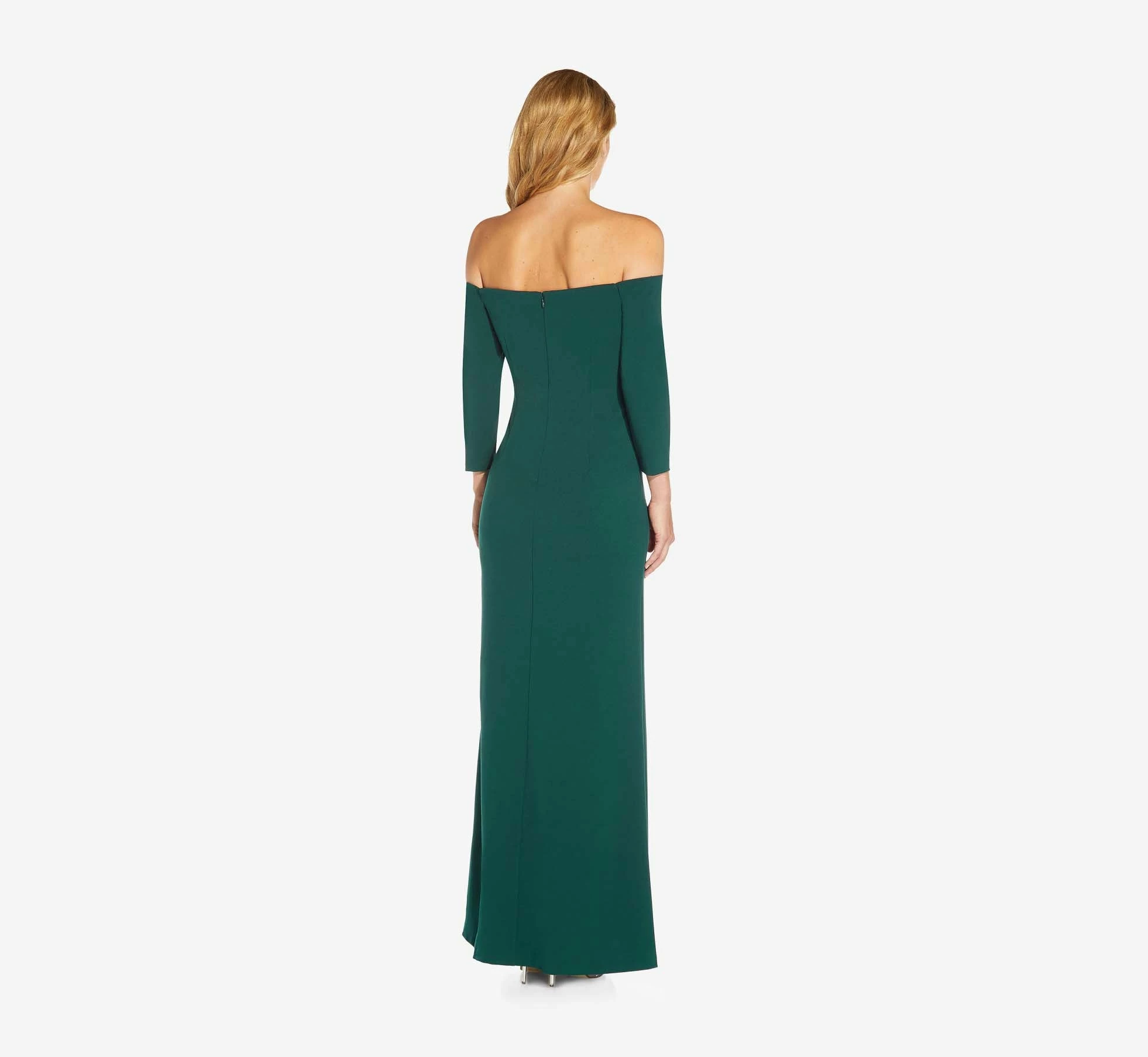 Adrianna Papell Off The Shoulder Dress With Cascading Ruffle Detail In Dusty Emerald 2 Adrianna Papell Off The Shoulder Dress With Cascading Ruffle Detail In Dusty Emerald - Image 2