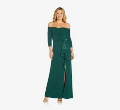 Adrianna Papell Off The Shoulder Dress With Cascading Ruffle Detail In Dusty Emerald