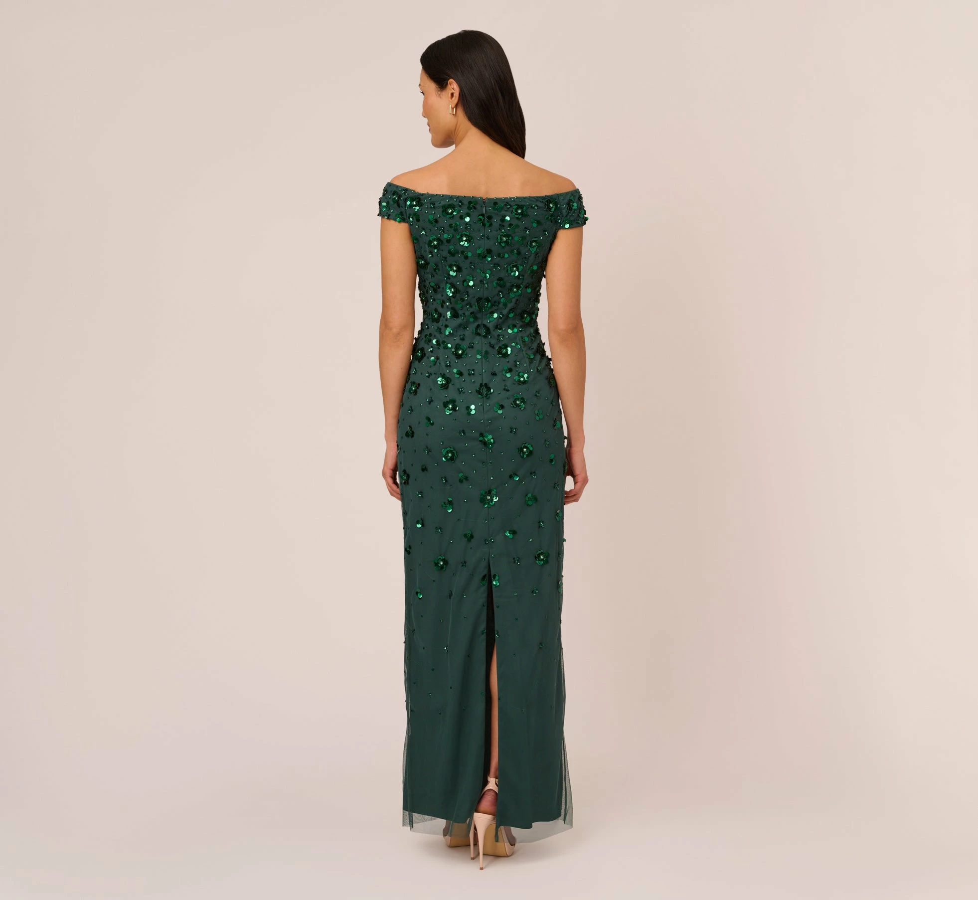 Adrianna Papell Off Shoulder Dress With Floral Embellishment In Dusty Emerald 3 Adrianna Papell Off Shoulder Dress With Floral Embellishment In Dusty Emerald - Image 3