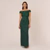 Adrianna Papell Off Shoulder Dress With Floral Embellishment In Dusty Emerald