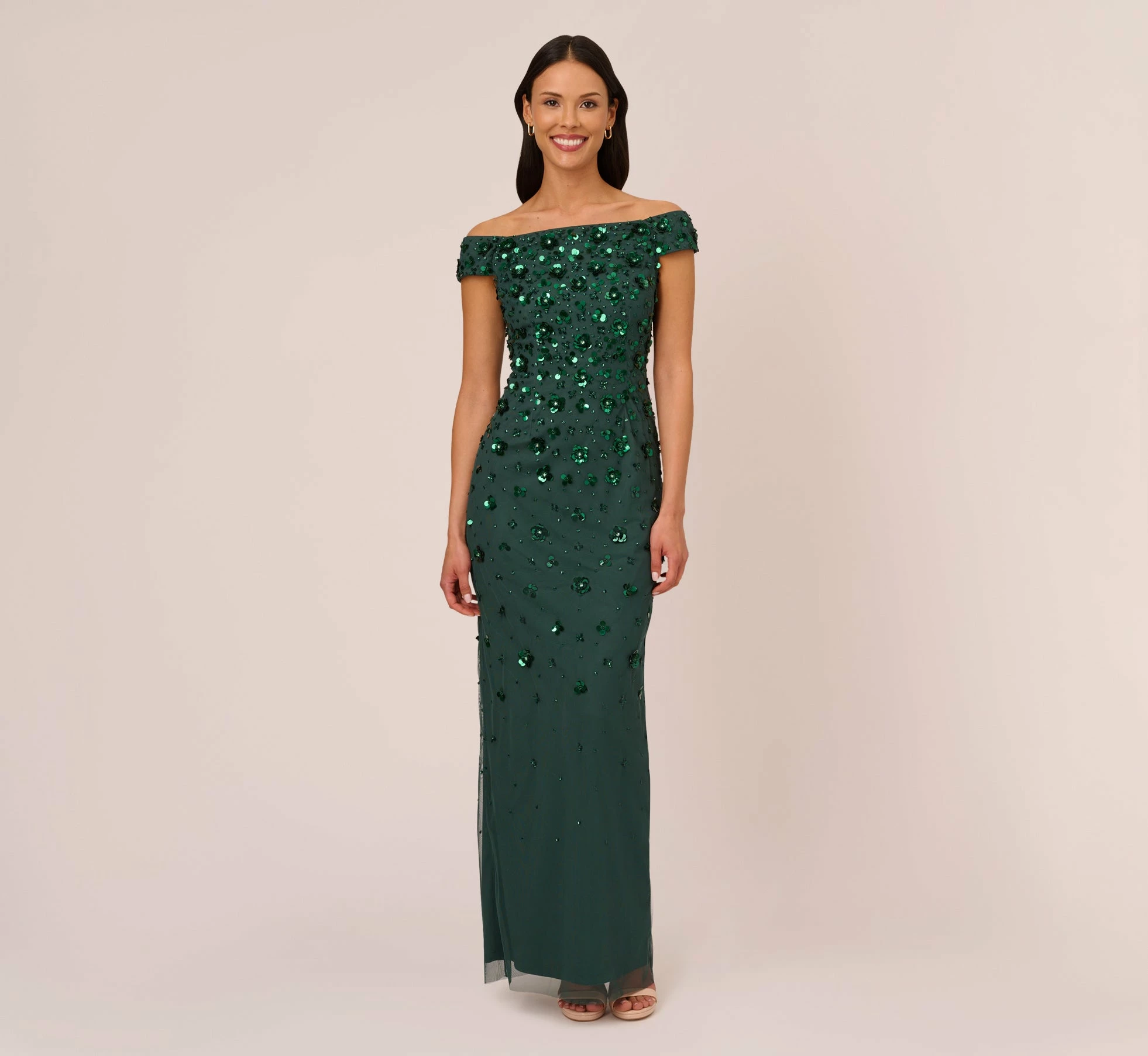 Adrianna Papell Off Shoulder Dress With Floral Embellishment In Dusty Emerald 1 Adrianna Papell Off Shoulder Dress With Floral Embellishment In Dusty Emerald