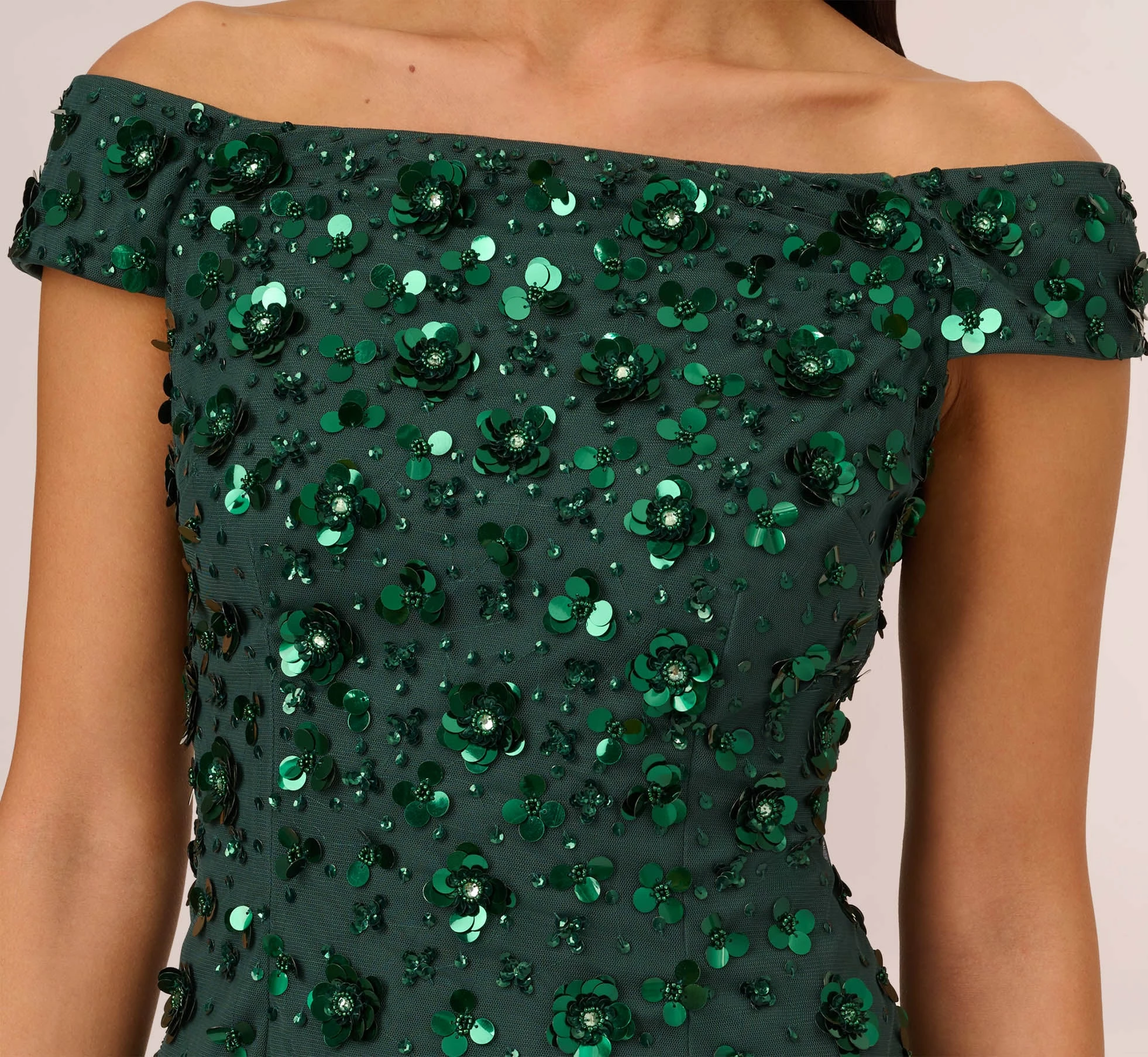 Adrianna Papell Off Shoulder Dress With Floral Embellishment In Dusty Emerald 4 Adrianna Papell Off Shoulder Dress With Floral Embellishment In Dusty Emerald - Image 4