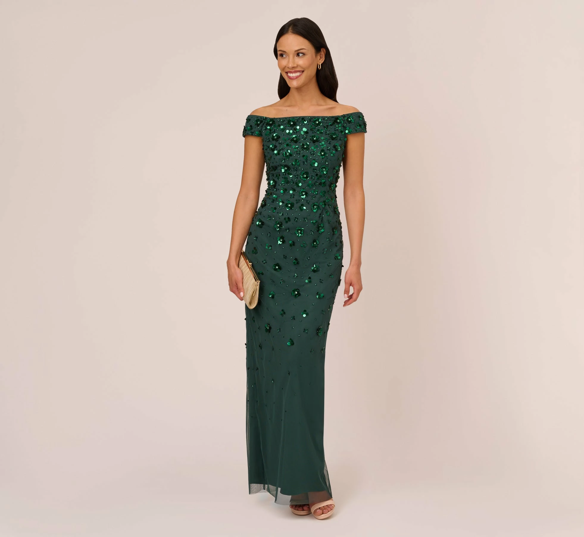Adrianna Papell Off Shoulder Dress With Floral Embellishment In Dusty Emerald 2 Adrianna Papell Off Shoulder Dress With Floral Embellishment In Dusty Emerald - Image 2