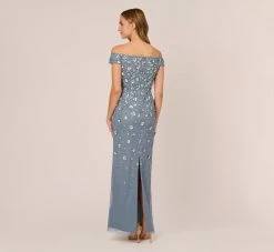 Adrianna Papell Off Shoulder Dress With Floral Embellishment In Vintage Blue -Adrianna Papell Shop AP1E207584 AC466 Regular Back