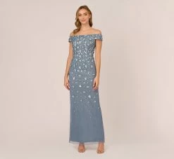 Adrianna Papell Off Shoulder Dress With Floral Embellishment In Vintage Blue