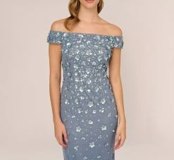 Adrianna Papell Off Shoulder Dress With Floral Embellishment In Vintage Blue -Adrianna Papell Shop AP1E207584 AC466 Regular Detail