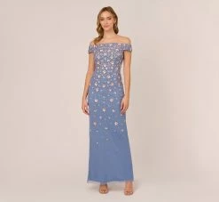 Adrianna Papell Off Shoulder Dress With Floral Embellishment In French Blue Coral