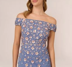 Adrianna Papell Off Shoulder Dress With Floral Embellishment In French Blue Coral -Adrianna Papell Shop AP1E207584 AK454 Regular Detail