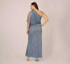 Adrianna Papell Plus Size Draped One Shoulder Dress With Sequin Detail In Dusty Blue 6 Adrianna Papell Plus Size Draped One Shoulder Dress With Sequin Detail In Dusty Blue -Adrianna Papell Shop AP1E207598 AA463 Plus Back