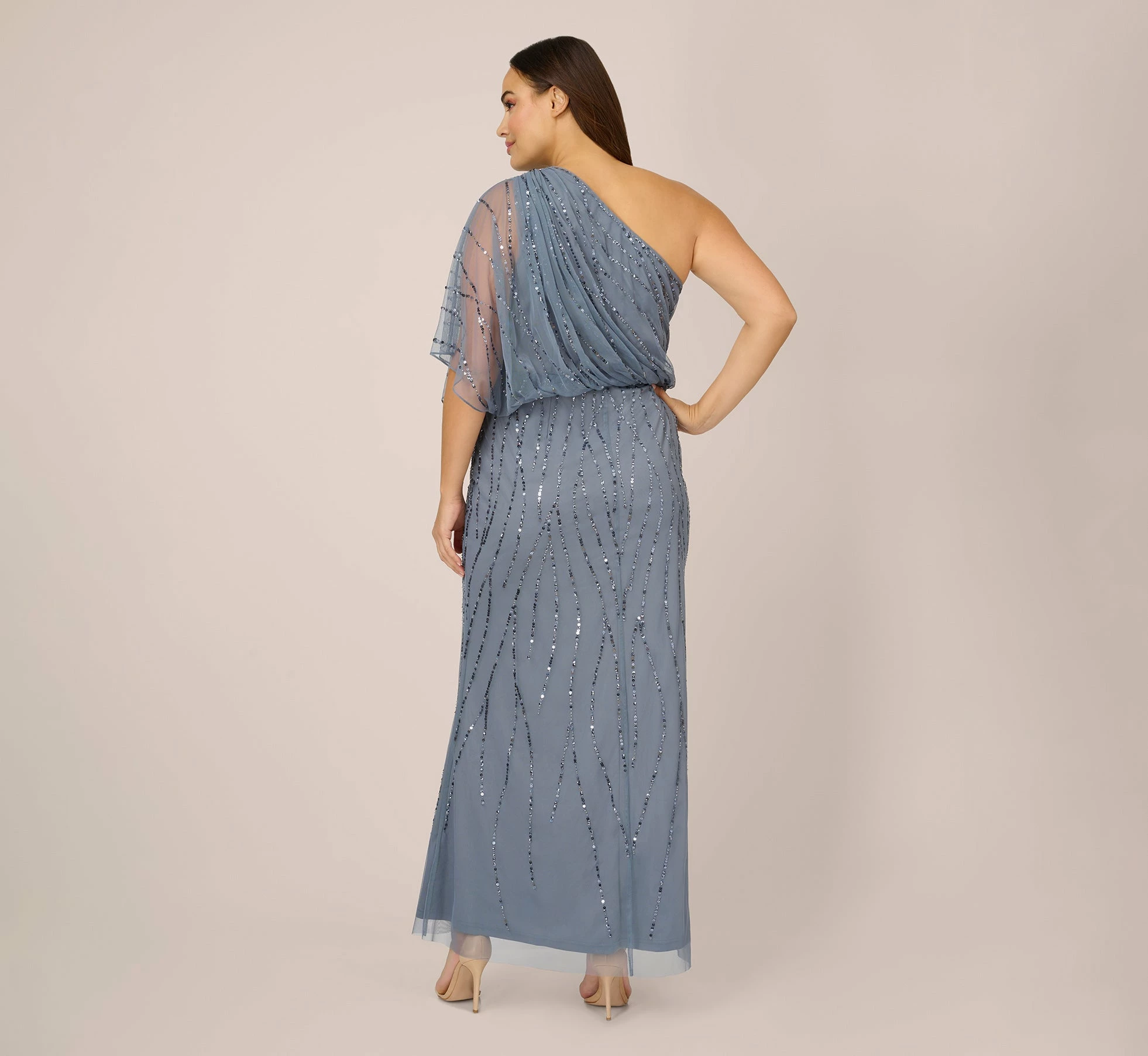 Adrianna Papell Plus Size Draped One Shoulder Dress With Sequin Detail In Dusty Blue 3 Adrianna Papell Plus Size Draped One Shoulder Dress With Sequin Detail In Dusty Blue - Image 3