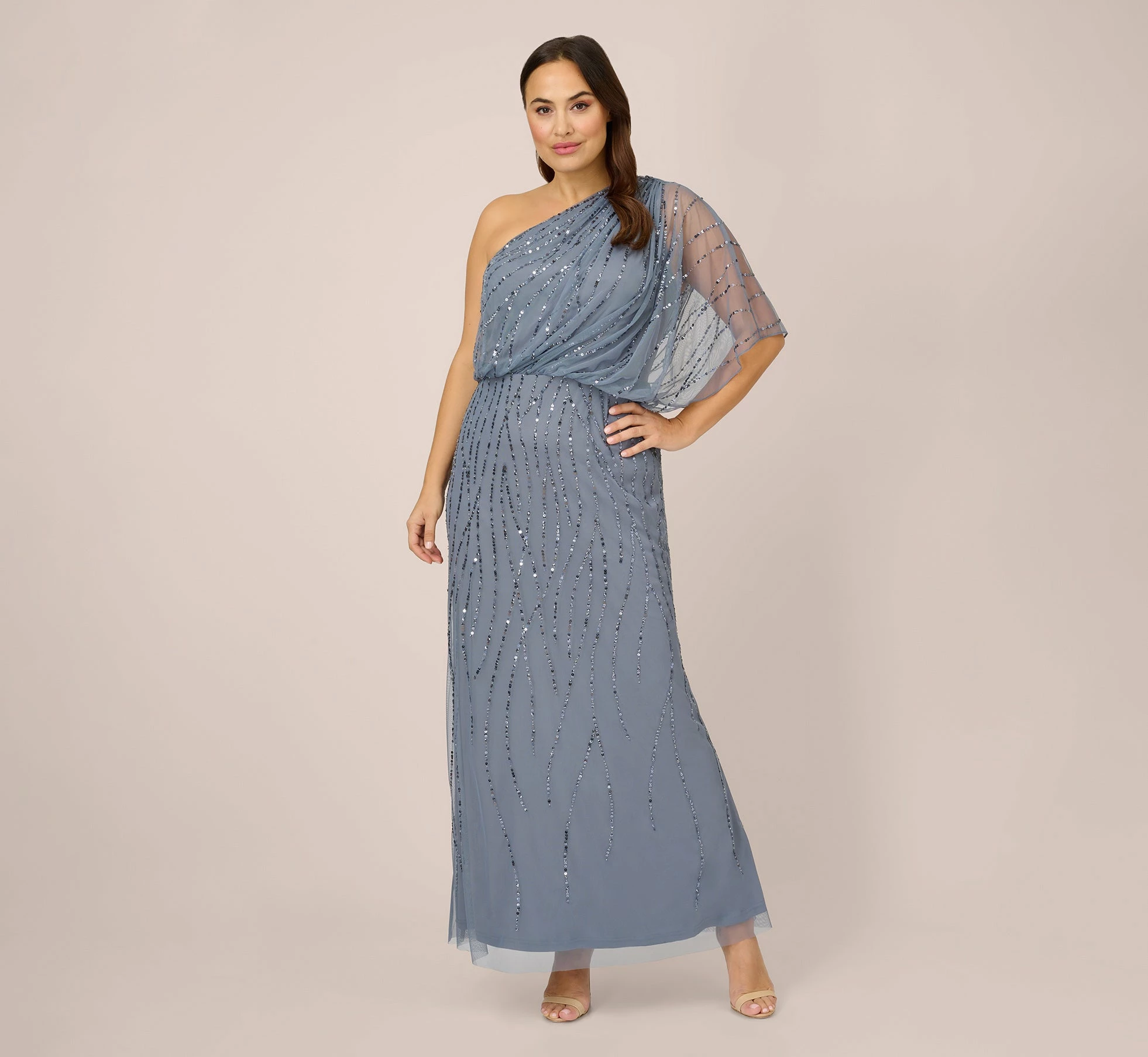 Adrianna Papell Plus Size Draped One Shoulder Dress With Sequin Detail In Dusty Blue 1 Adrianna Papell Plus Size Draped One Shoulder Dress With Sequin Detail In Dusty Blue