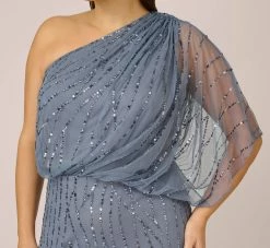 Adrianna Papell Plus Size Draped One Shoulder Dress With Sequin Detail In Dusty Blue 5 Adrianna Papell Plus Size Draped One Shoulder Dress With Sequin Detail In Dusty Blue -Adrianna Papell Shop AP1E207598 AA463 Plus Detail