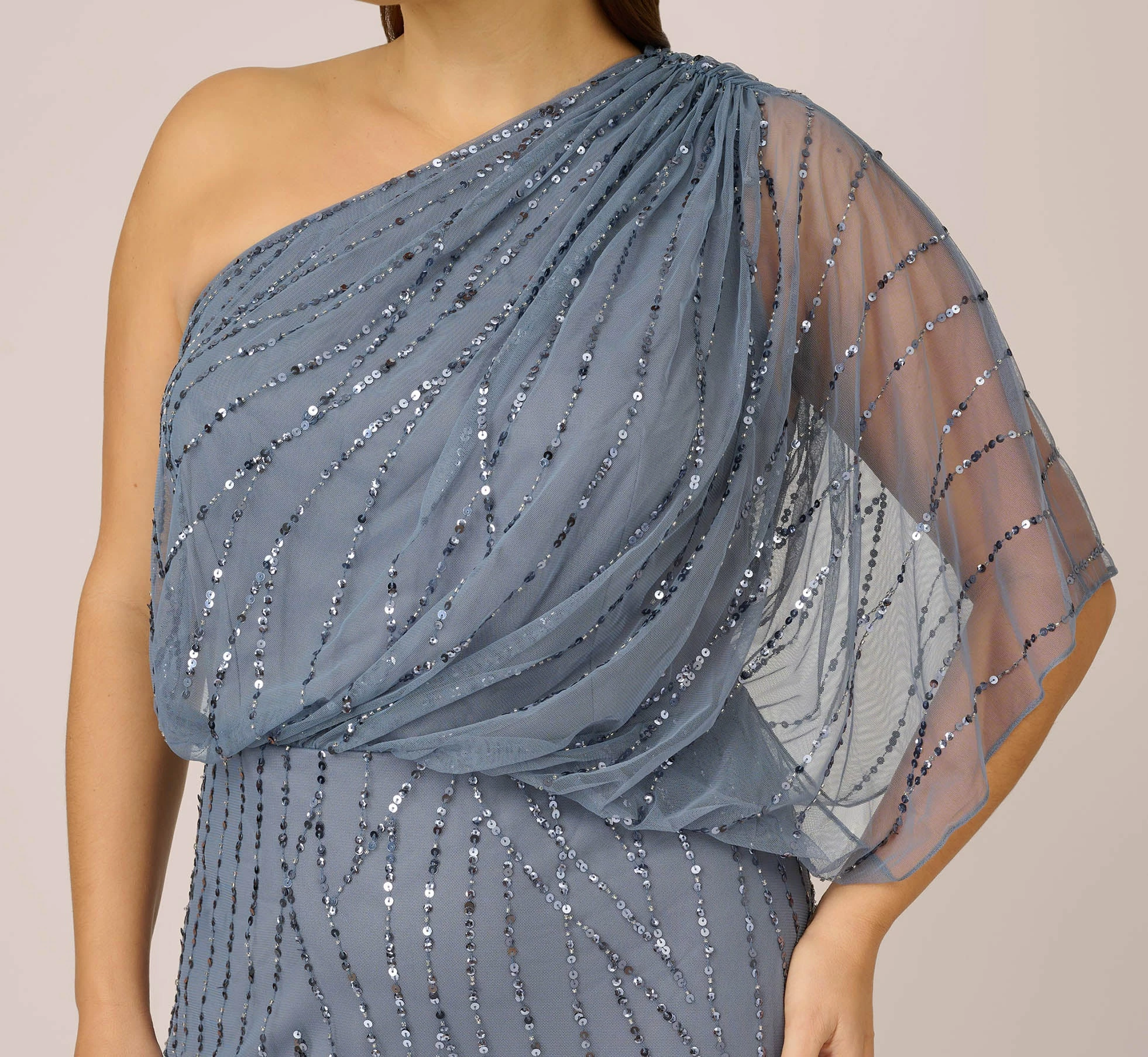 Adrianna Papell Plus Size Draped One Shoulder Dress With Sequin Detail In Dusty Blue 2 Adrianna Papell Plus Size Draped One Shoulder Dress With Sequin Detail In Dusty Blue - Image 2