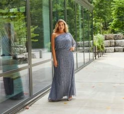 Adrianna Papell Plus Size Draped One Shoulder Dress With Sequin Detail In Dusty Blue 7 Adrianna Papell Plus Size Draped One Shoulder Dress With Sequin Detail In Dusty Blue -Adrianna Papell Shop AP1E207598 AA463 Plus Lifestyle