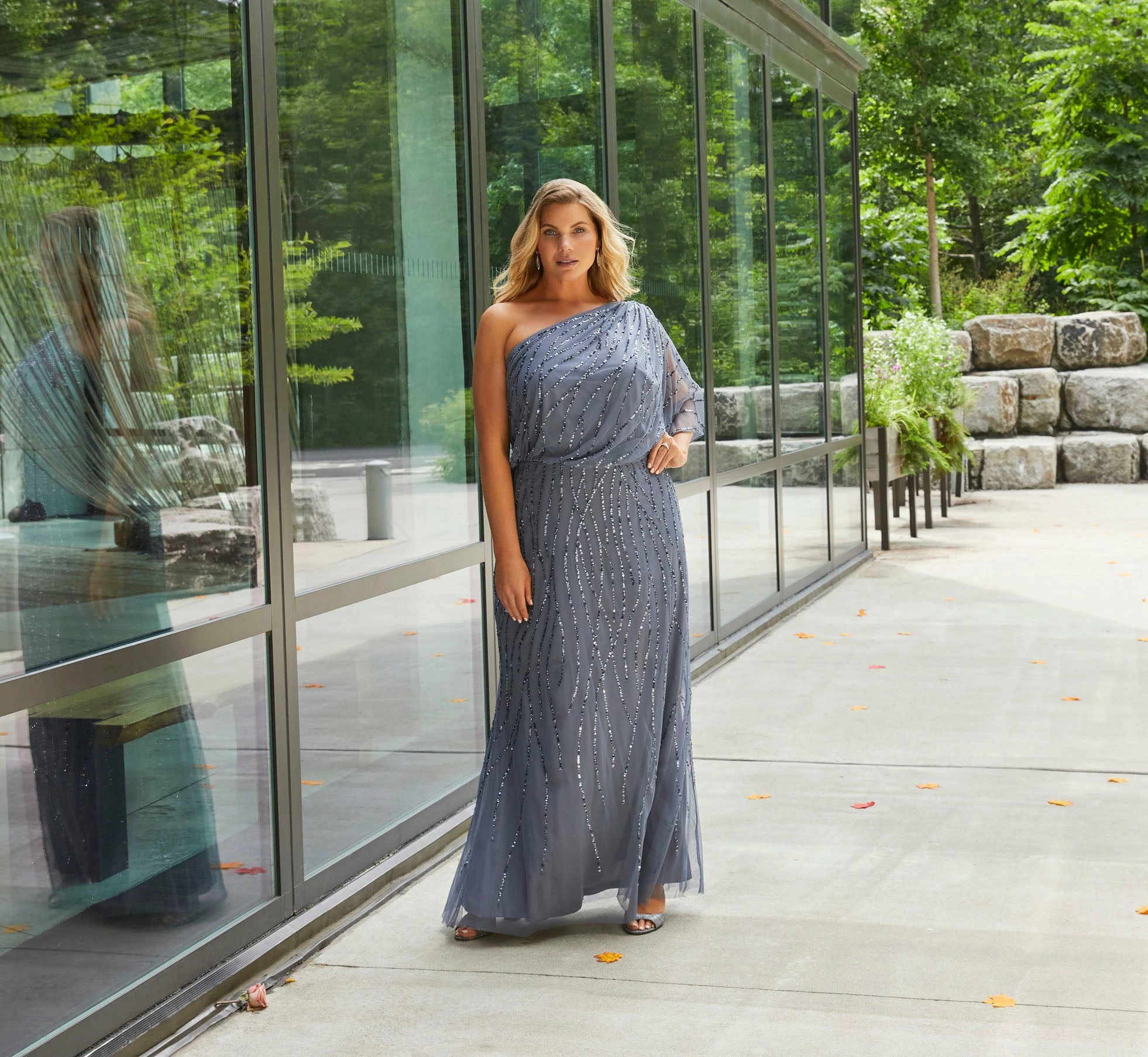 Adrianna Papell Plus Size Draped One Shoulder Dress With Sequin Detail In Dusty Blue 4 Adrianna Papell Plus Size Draped One Shoulder Dress With Sequin Detail In Dusty Blue - Image 4