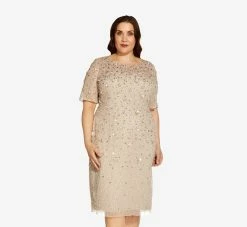 Adrianna Papell Plus Size Beaded Cocktail Dress In Biscotti