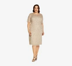 Adrianna Papell Plus Size Beaded Cocktail Dress In Biscotti -Adrianna Papell Shop AP1E207750 AG273 Plus Side
