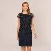 Adrianna Papell Short Sleeve Beaded Cocktail Dress With Popover In Midnight