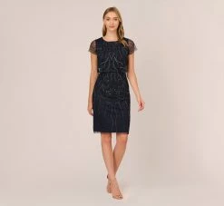 Adrianna Papell Short Sleeve Beaded Cocktail Dress With Popover In Midnight -Adrianna Papell Shop AP1E207775 AG410 Regular Front